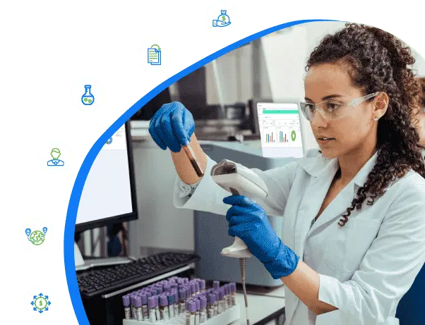 lab technician performing diagnostic testing, displaying payment records, a waiting list of tests, and patient booking insights dashboard of diagnostic lab software